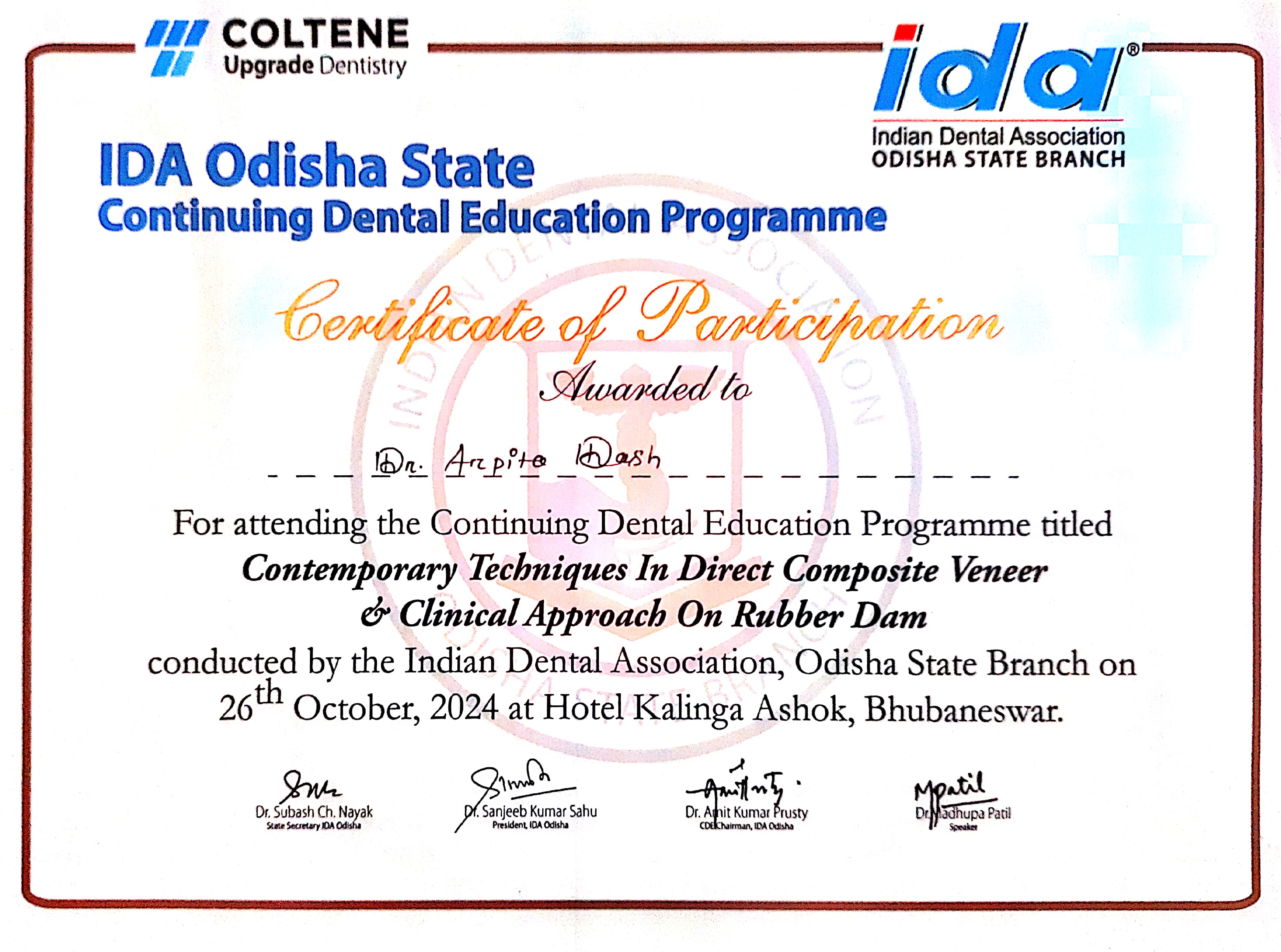 Contemporary Techniques in Direct Composite Veneer and Clinical Approach on Rubber Dam certificate - Dr. Arpita Dash